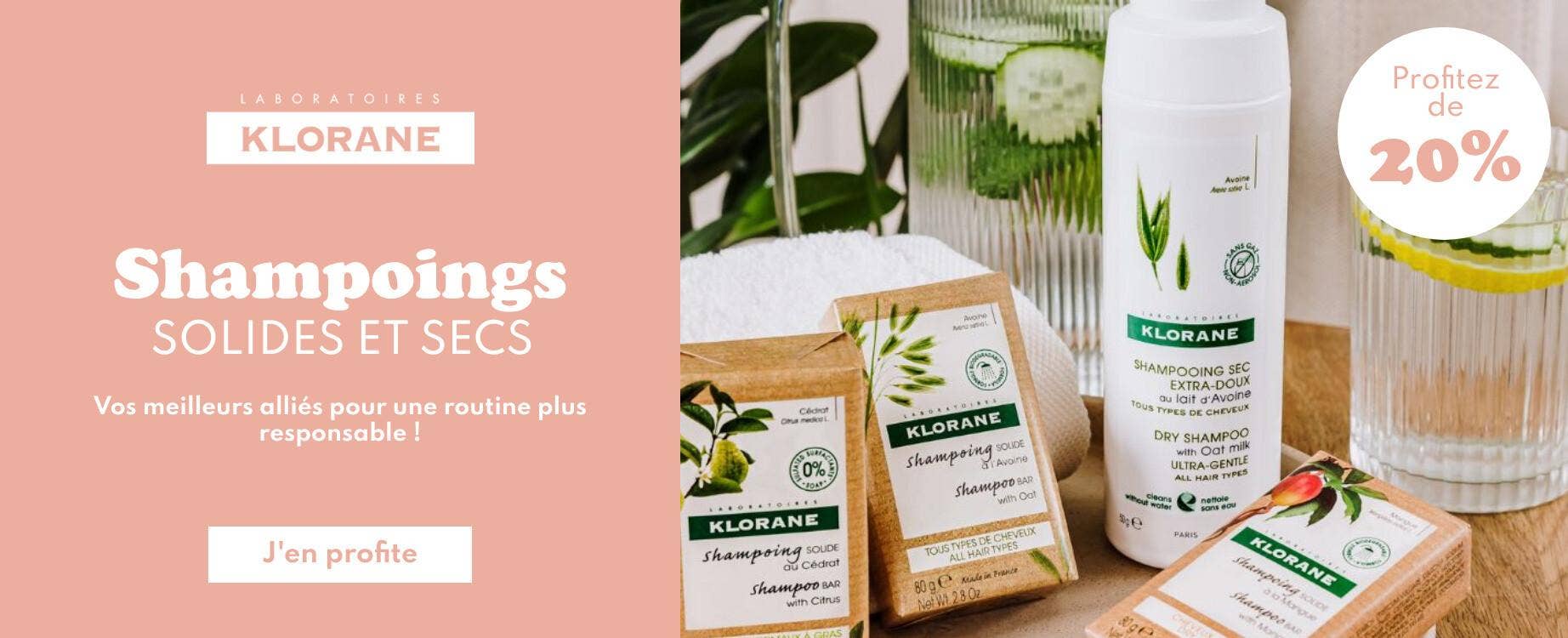 Profitez de -20% sur les shampoings solides et secs de Klorane !