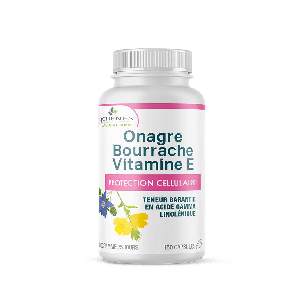 3 Chênes Onagre Bourrache Vitamine E 150 Capsules