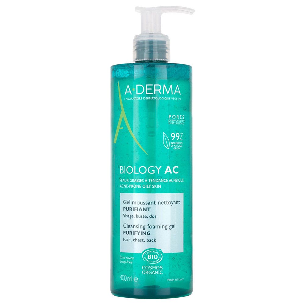 Gel Moussant Nettoyant Purifiant Bio 400ml Biology AC Peaux Grasses à Tendance Acnéique A-Derma