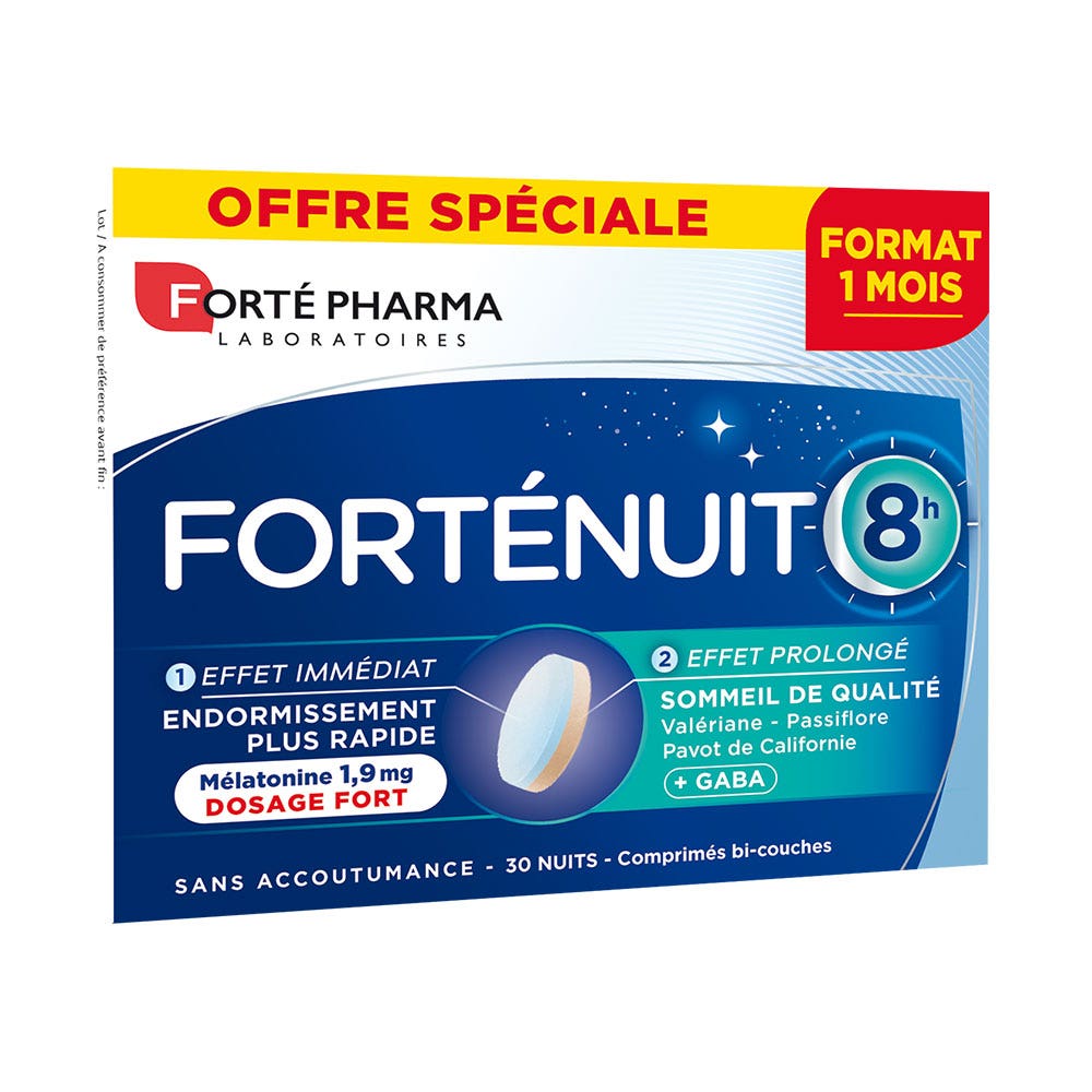 Forté Pharma Forté Nuit Sommeil 8H Mélatonine et Plantes Sommeil de Qualité 30 comprimés bi-couches