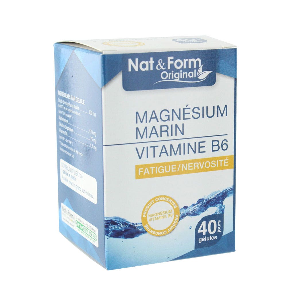 Magnésium Marin + Vitamine B6 40 Gélules Végétales Fatigue, Nervosité Nat&Form