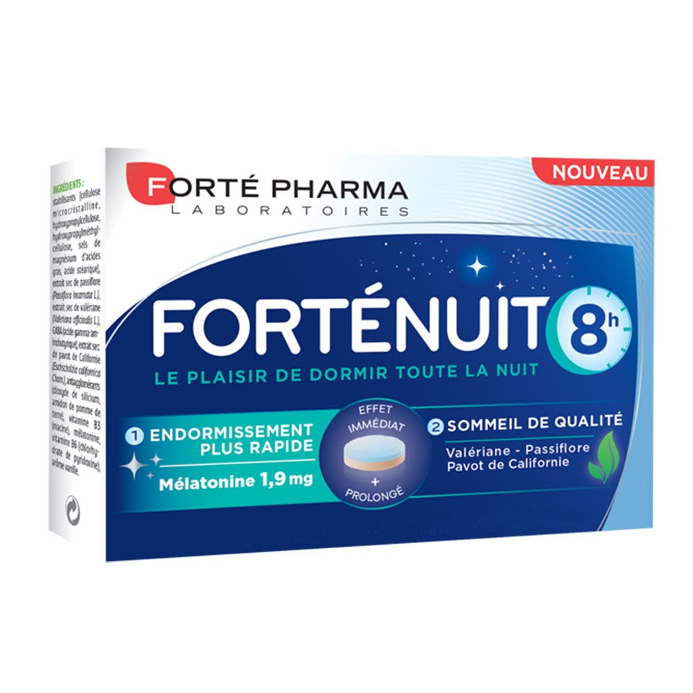 Sommeil 8H Mélatonine et Plantes 30 comprimés bi-couches Forté Nuit Endormissement plus rapide et Sommeil de qualité Forté Pharma