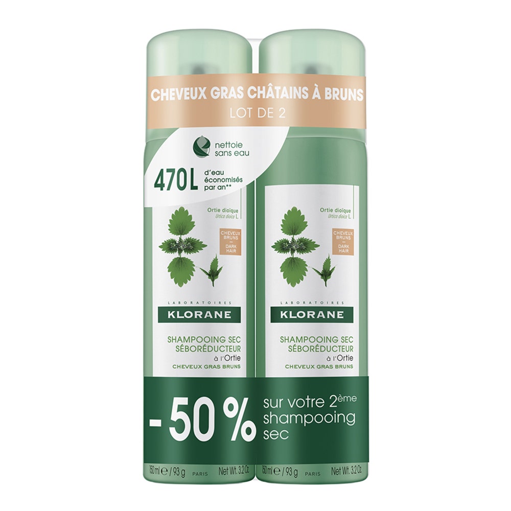 Klorane Ortie Shampooing Sec Cheveux Chatains A Bruns 2x150ml