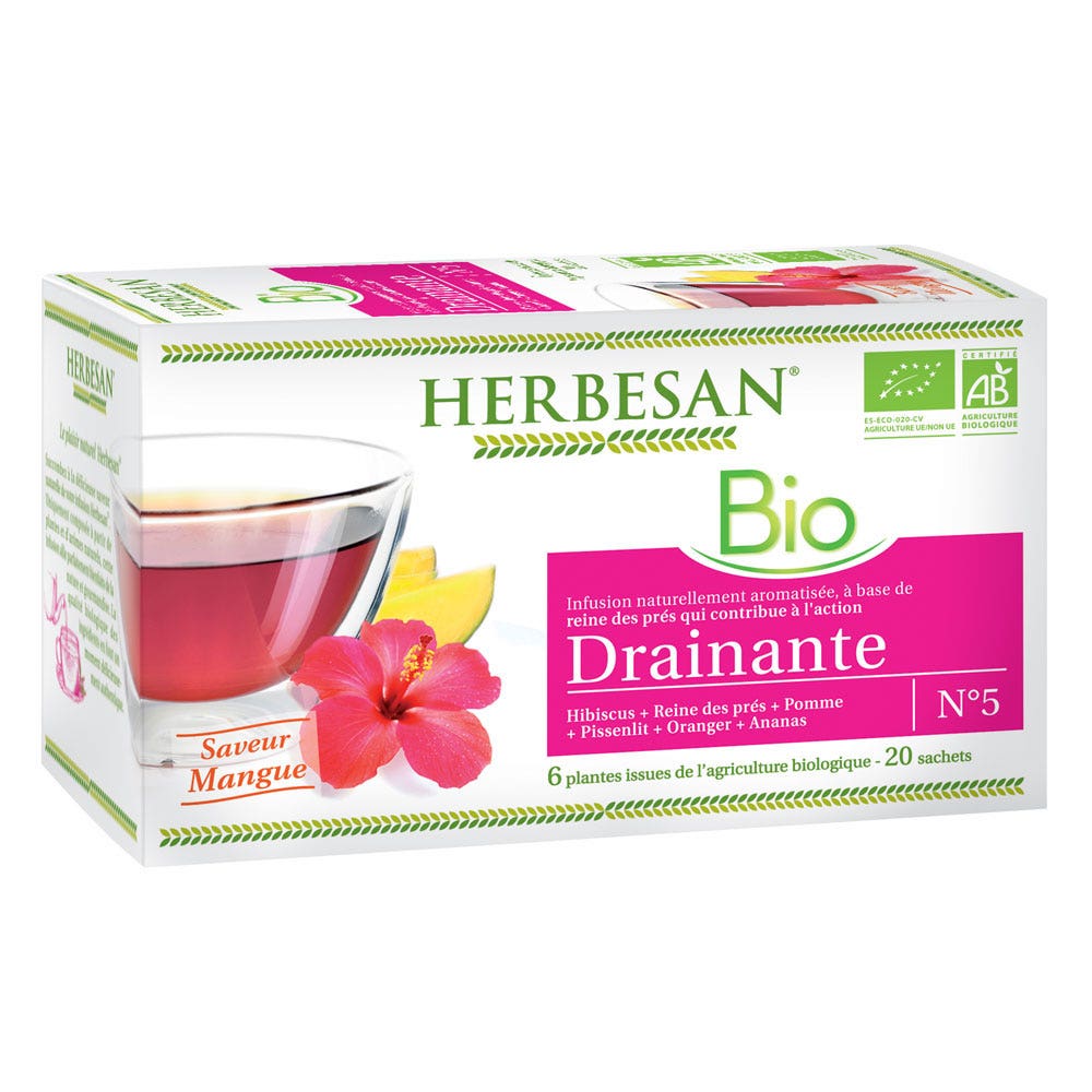 Herbesan Infusion Reine des pres drainante bio Saveur mangue 20 sachets