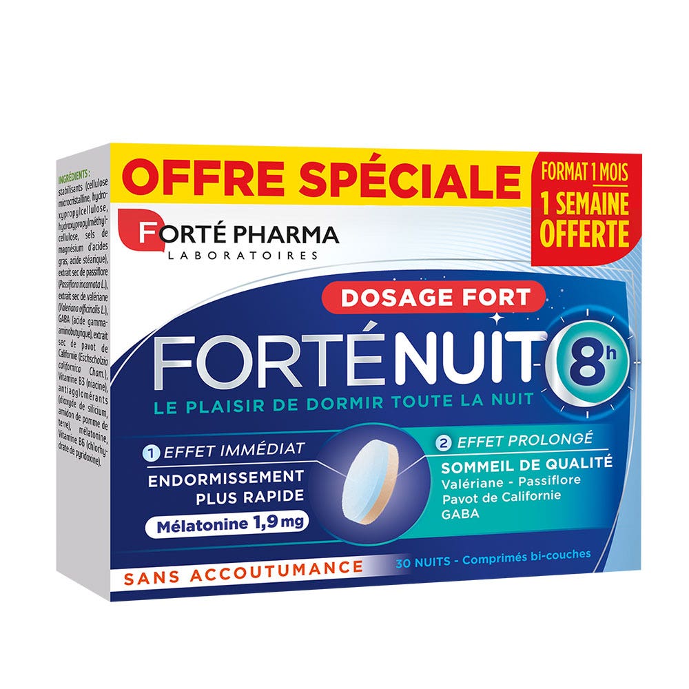 Sommeil 8H Mélatonine et Plantes 30 comprimés bi-couches Forté Nuit Endormissement plus rapide et Sommeil de qualité Forté Pharma