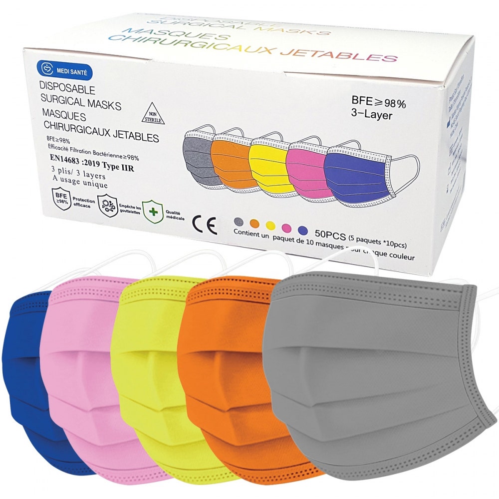 Vog Protect Masques chirurgicaux jetables de couleurs Type IIR EN 14683:2019+AC:2019 x50