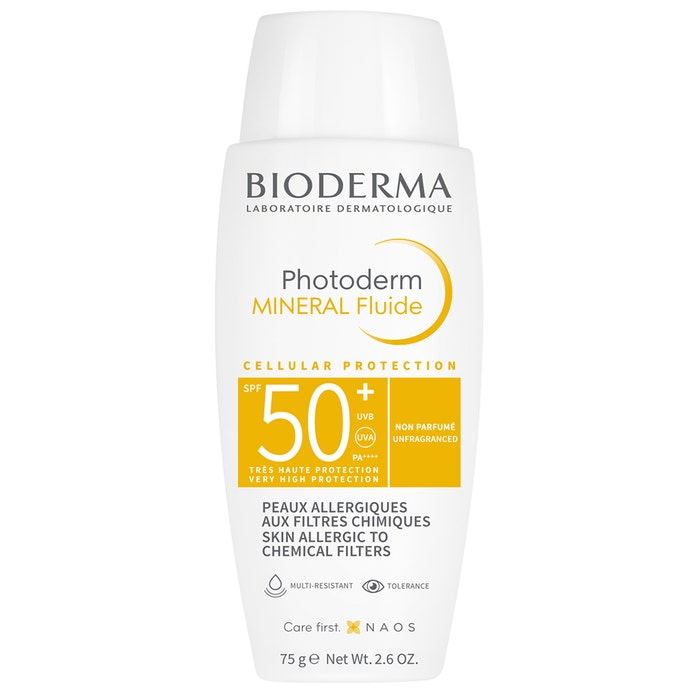 Bioderma Photoderm SPF 50+ pour les peaux allergiques aux filtres chimiques Mineral Fluide 75g