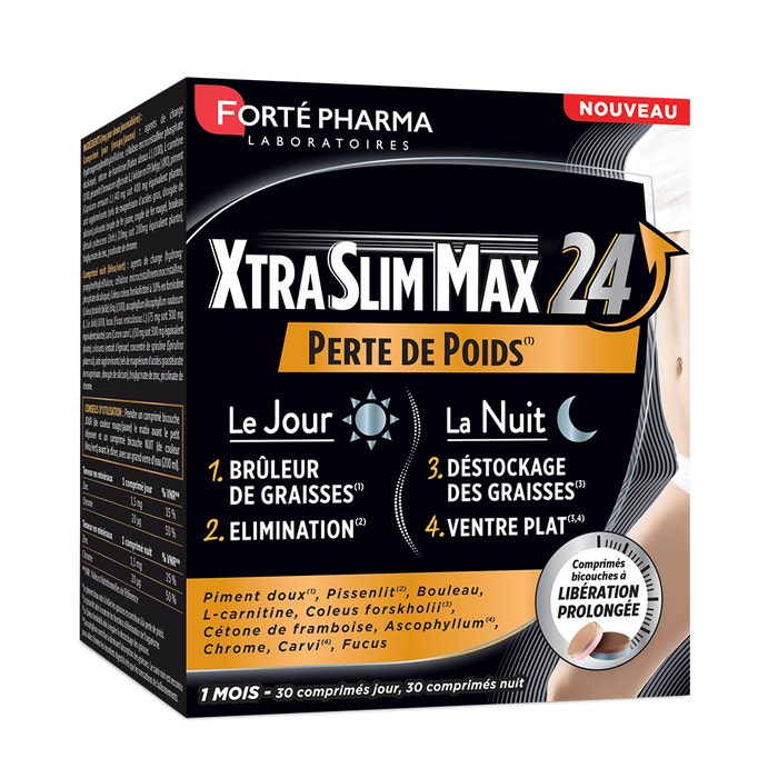 Forté Pharma XtraSlim Max Brûleur de Graisses 24h 4 Actions Minceur Jour et Nuit 60 comprimés à croquer