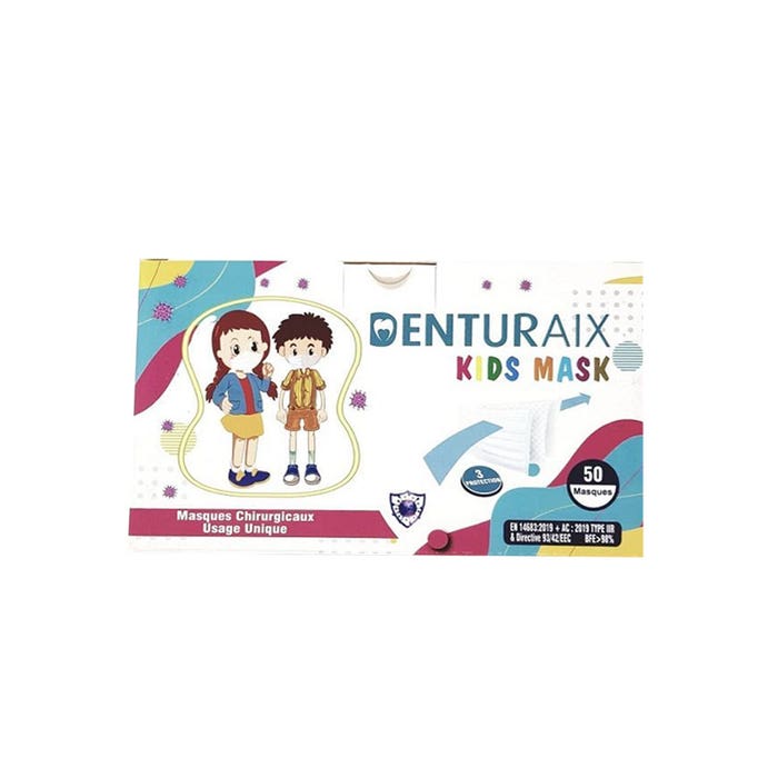 Denturaix Masques chirurgicaux enfants jetables bleu x50 Type IIR EN 14683:2019+AC:2019 Vog Protect