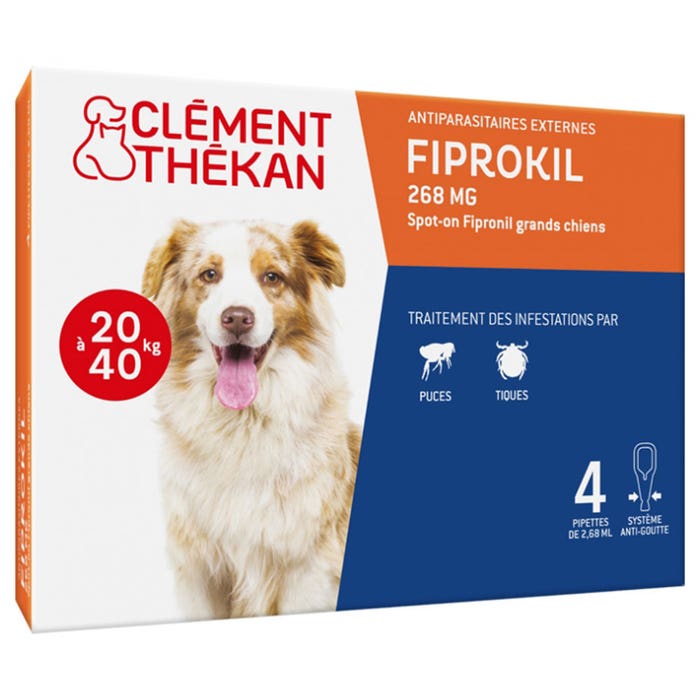 Anti-Puces Anti-Tiques Chien 20-40kg 4 Pipettes 2.68ml x 4 pipettes Fiprokil Clement-Thekan