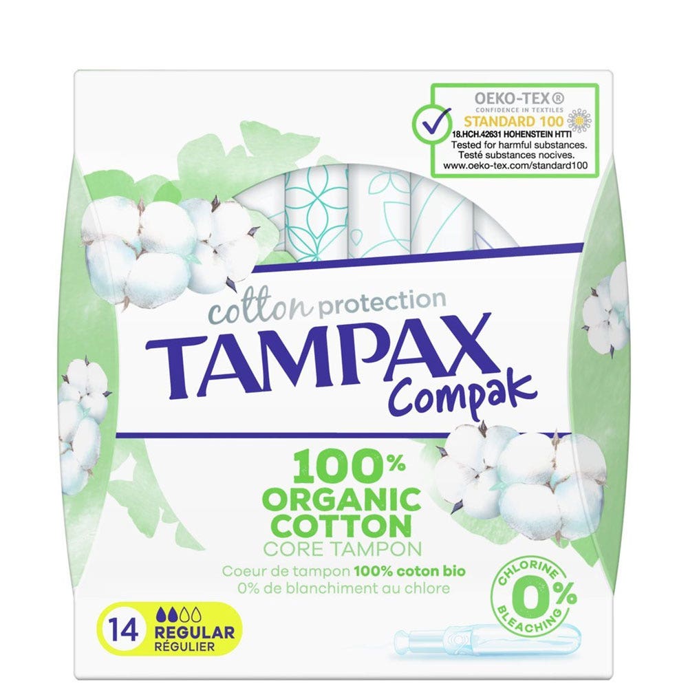 Tampax Tampons Compack Cotton protection flux Regulier Coton bio x14
