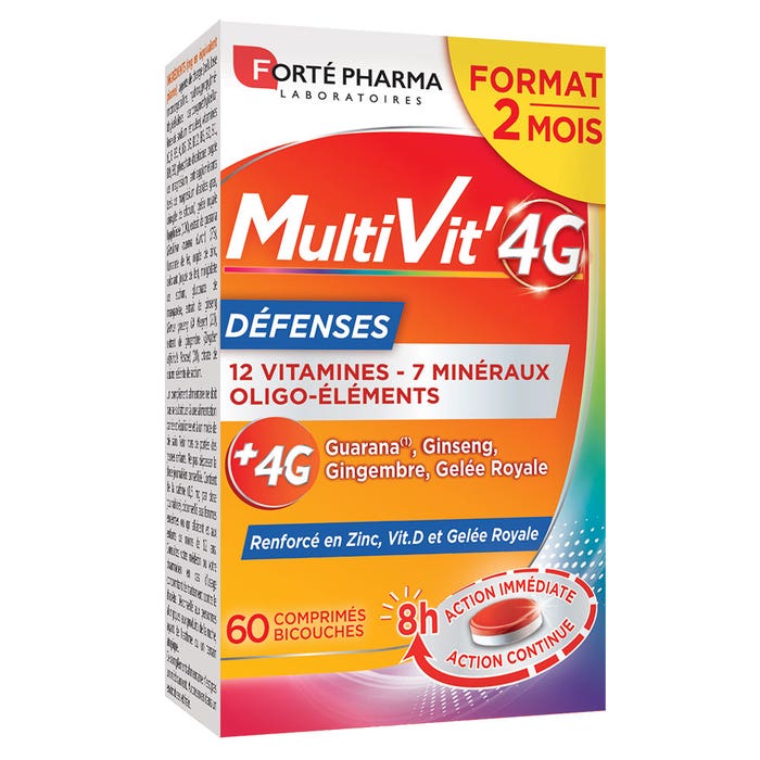 Forté Pharma MultiVit'4G Multivitamines et Défenses renforcé en Zinc et Vitamine D 60 comprimés