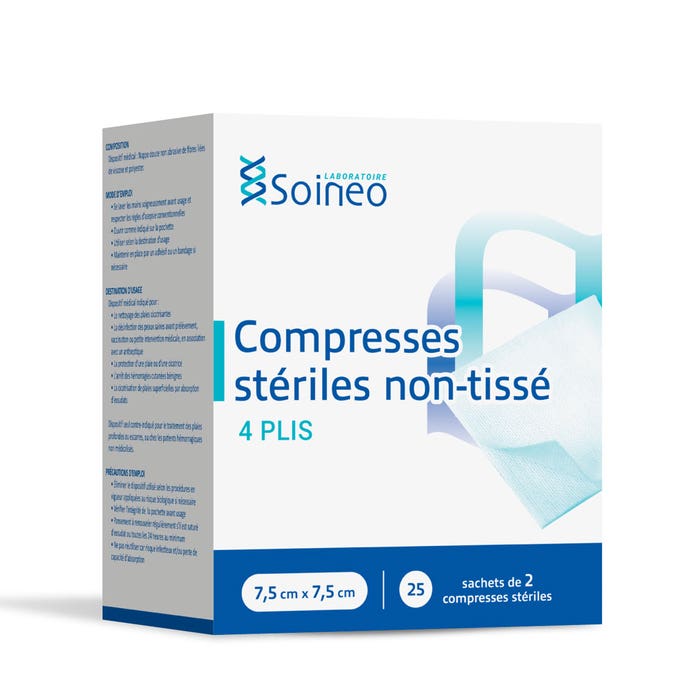 Soineo Compresses stériles non-tissé 7,5x7,5cm x25 pochettes de 2 compresses