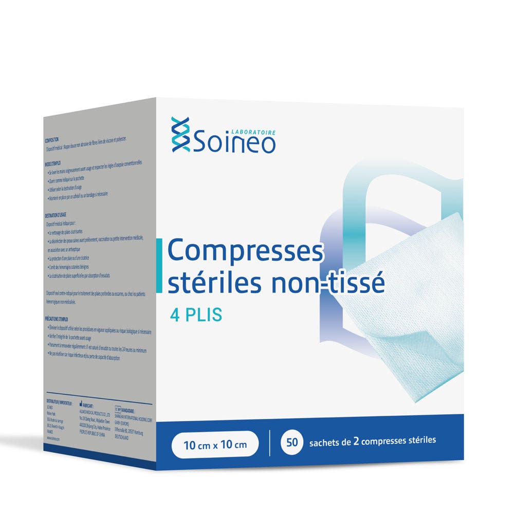 Soineo Compresses stériles non-tissé 4 plis 10x10cm x50 sachets de 2