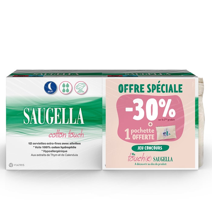 Serviettes Hygieniques Nuit 2x12 CottonTouch + pochette offerte Saugella