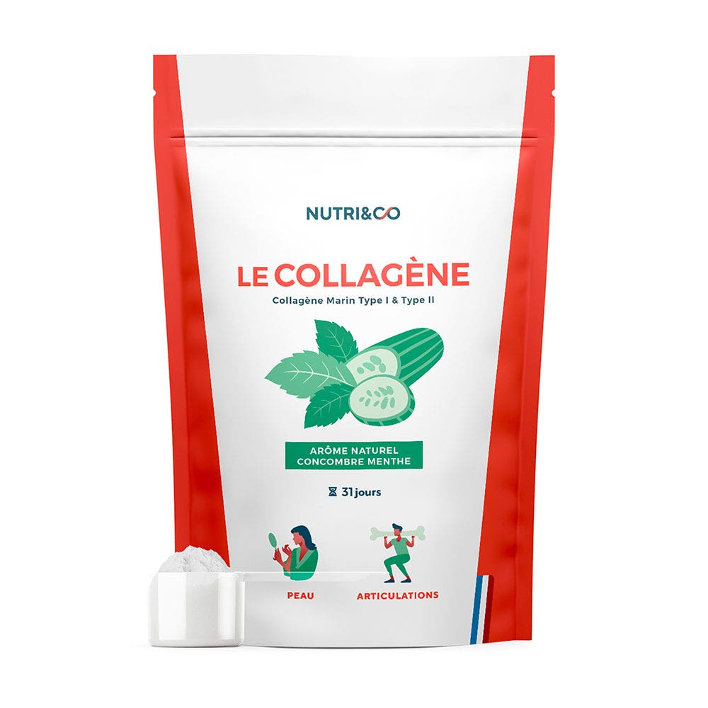 NUTRI&CO Collagène Marin Breveté Types 1&2 Poudre Peau Ferme Saveur Concombre 190g