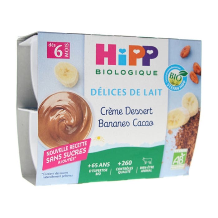 Crème Dessert Cacao Bananes Bio 4x100g Délices de Lait Dès 6 Mois Hipp