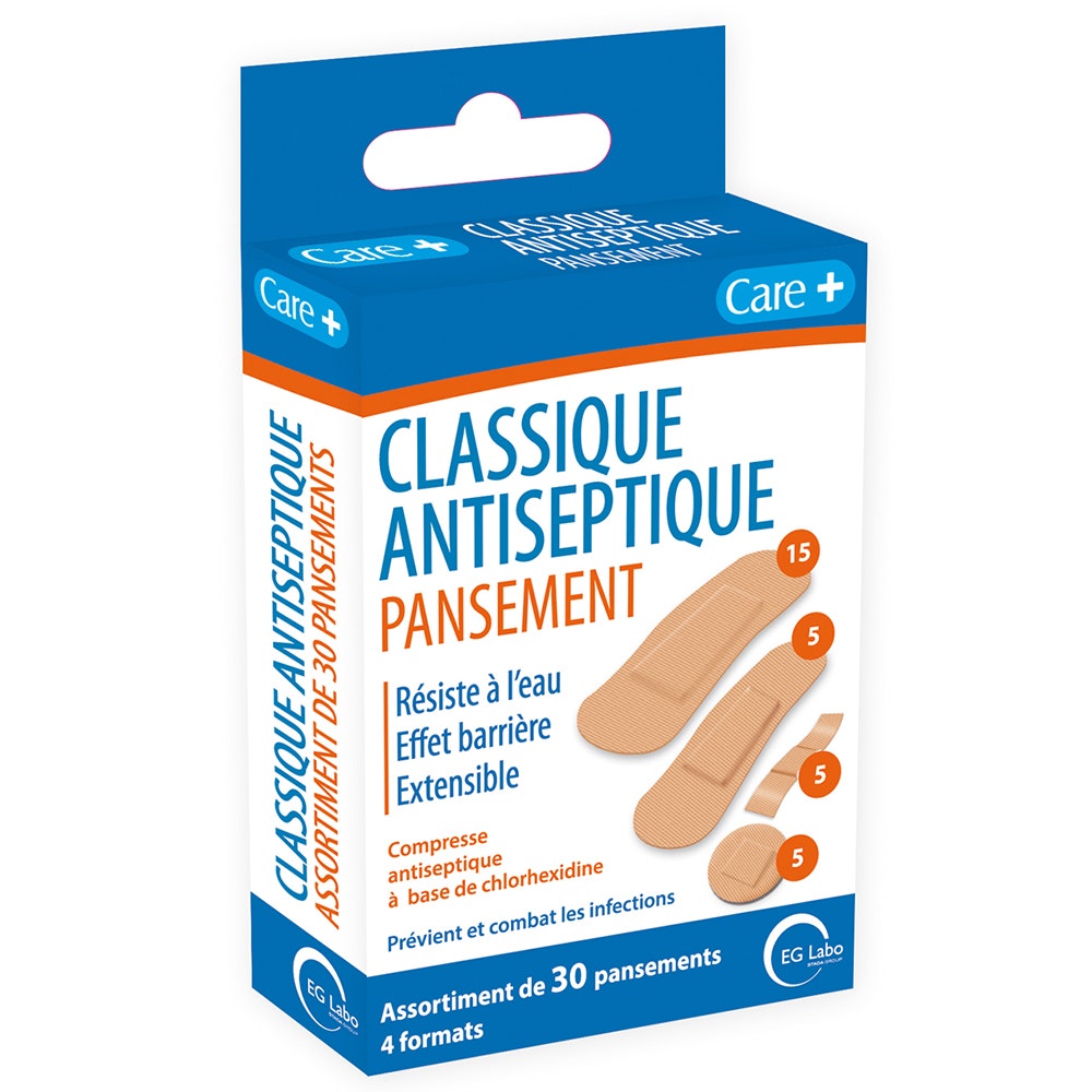 Care+ Pansements classiques antiseptiques 4 formats x30