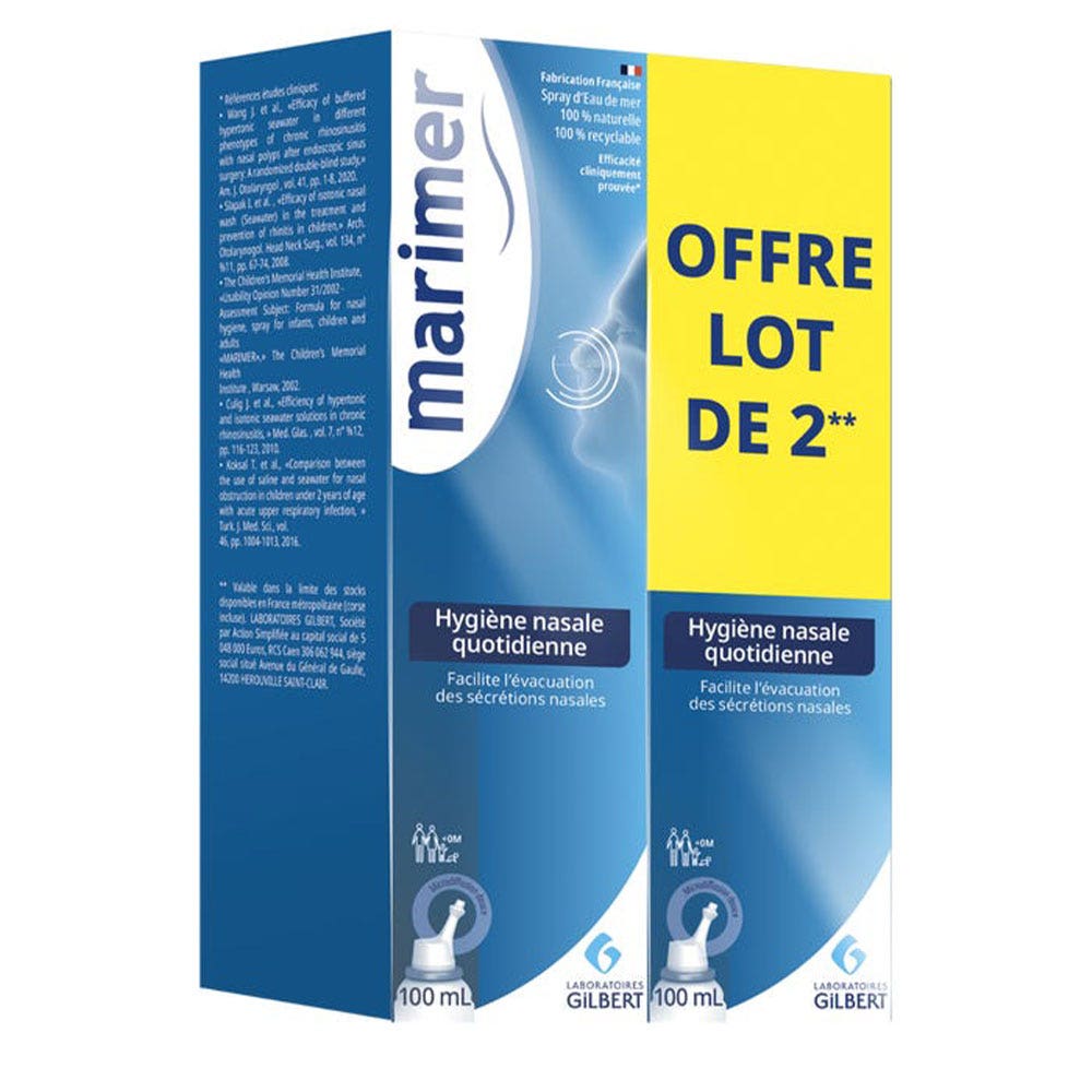 Marimer Spray Spray Hygiene Nasale Nez Sec et Encombré 2x100ml