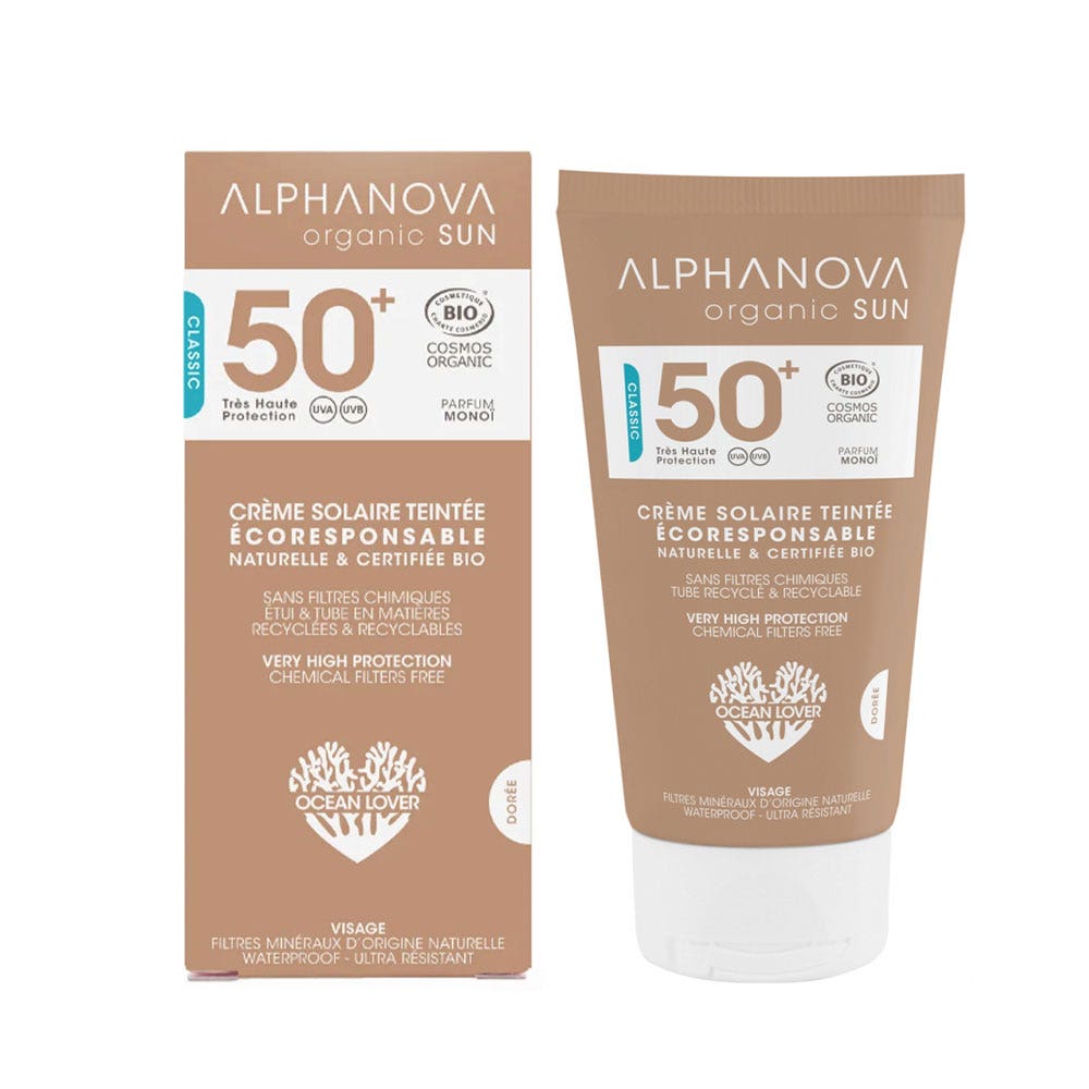 Alphanova Organic Sun Crème Solaire Visage Waterproof Teintée Dorée Spf50+ Bio Parfum Monoi 50g