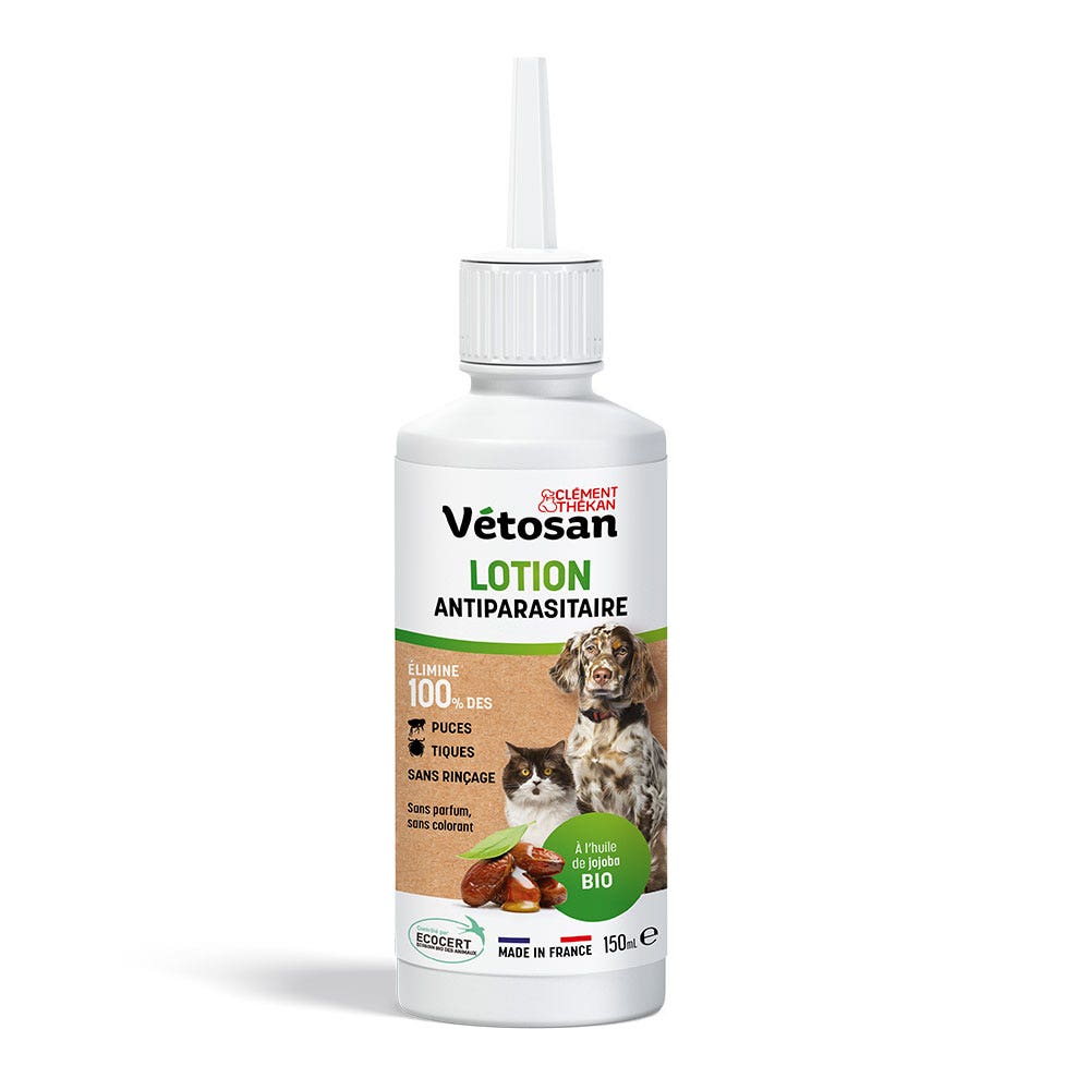 Clement-Thekan Vétosan Lotion Antiparisitaire Sans Rinçage A l'Huile de Jojoba Bio Pour Chats et Chiens 150ml