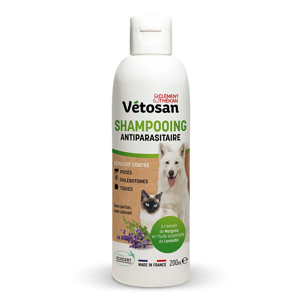 Clement-Thekan Vétosan Shampooing Antiparasitaire A l'Extrait de Margosa et Huile Essentielle de Lavandin Pour Chats et Chiens 200ml