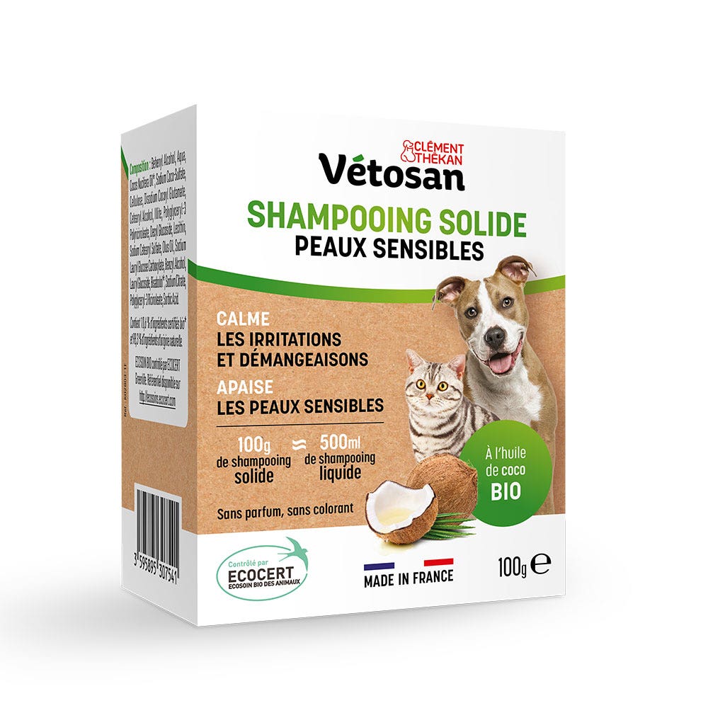 Clement-Thekan Vétosan Shampooing Solide Peaux Sensibles A l'Huile de Coco Bio Pour Chats et Chiens 100g