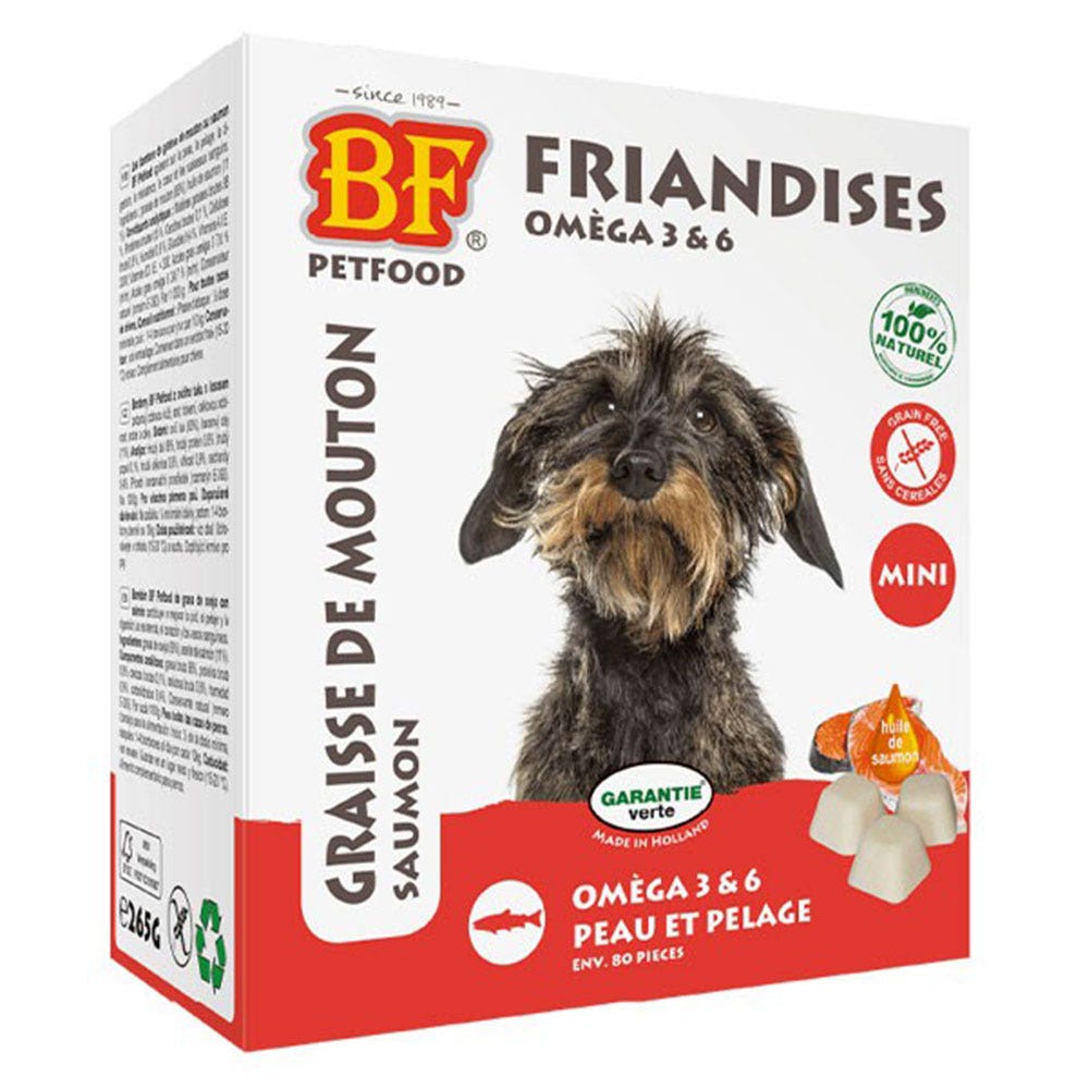 Biofood BF Petfood Friandises Oméga 3 et 6 Bonbon Chien Peaux et Pelages Graisse de Mouton Saumon 80 Pièces