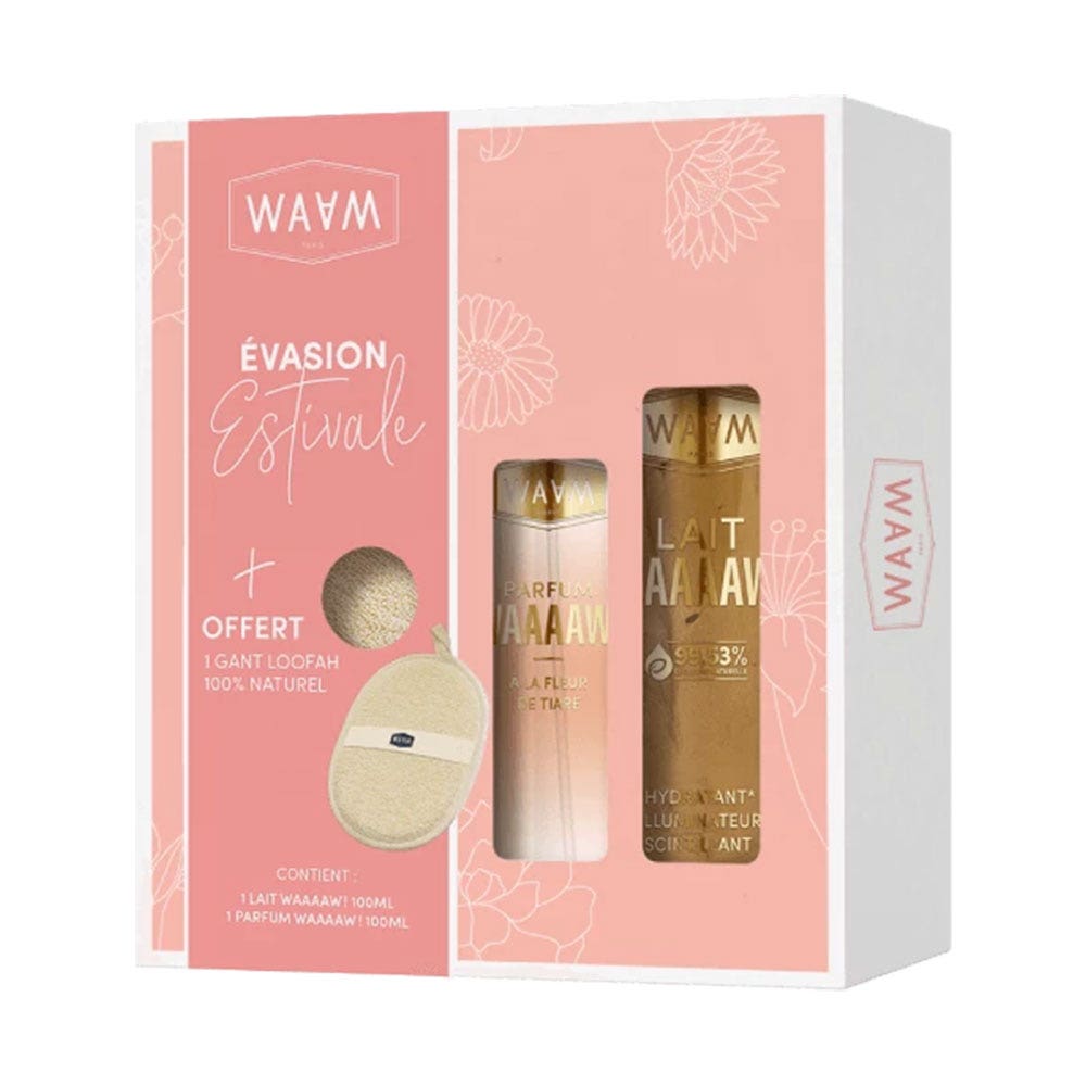 Waam Coffret Illuminateur Evasion Estivale + Gant Loofah Parfum Tiaré 200ml