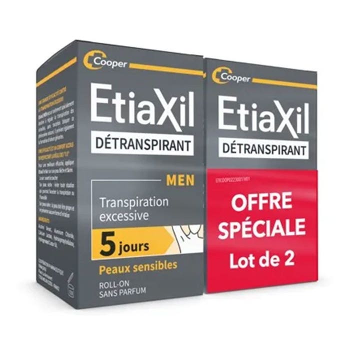 Etiaxil Detranspirant Déodorant Roll-on Aisselles Men Peaux Sensibles 2x15ml