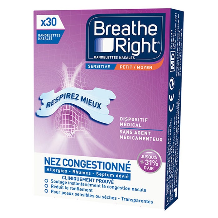 Bandelettes Nasales Transparentes Sensitive Taille Moyenne x30 Breathe Right