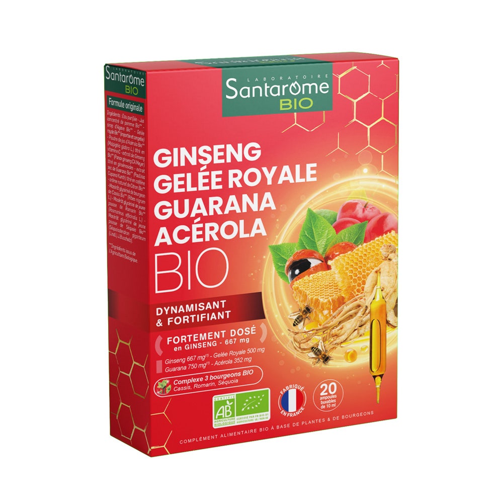 Santarome Ginseng Gelée Royale Guarana Acérola Bio Vitalité 20 ampoules