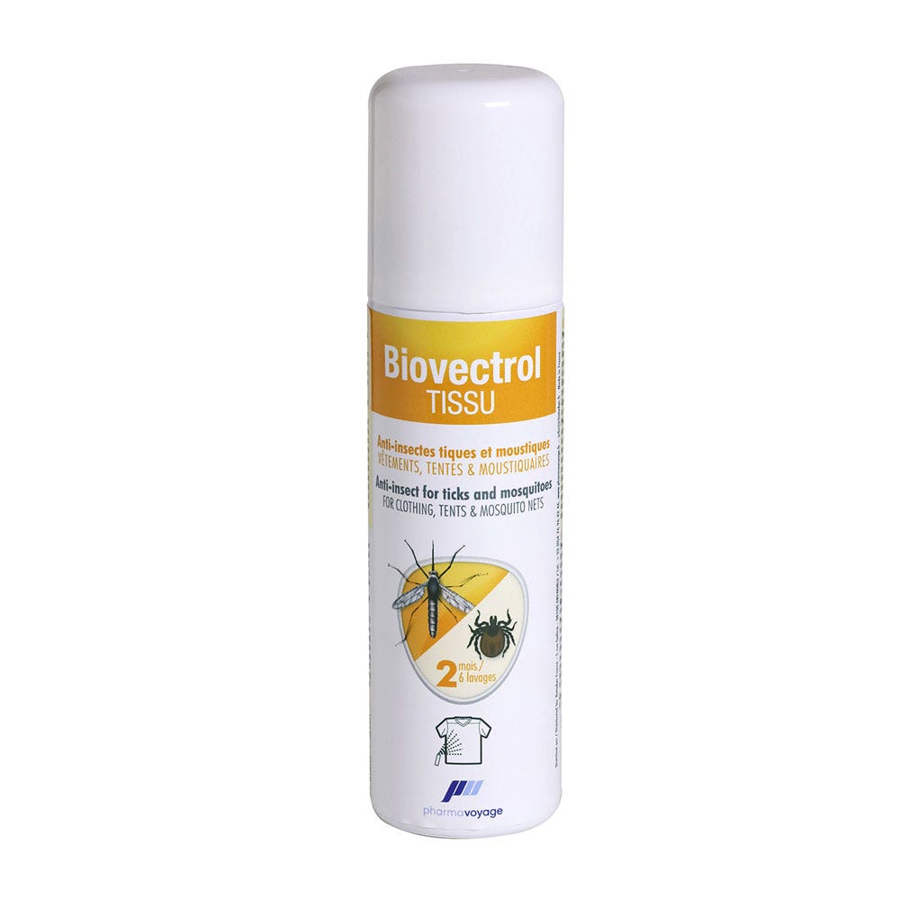 Pharmavoyage Biovectrol Tissu spray anti-insectes tiques et moustiques Vêtements tentes et moustiquaires 100ml