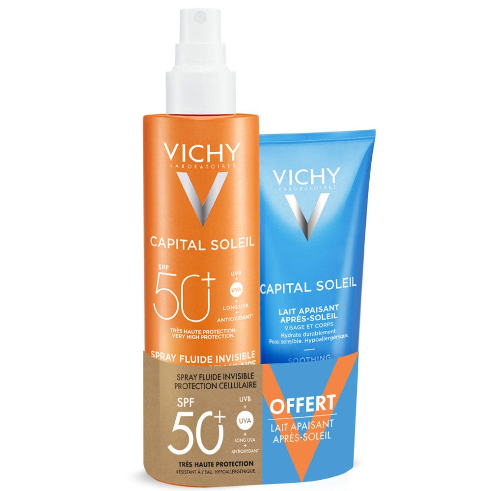 Vichy Capital Soleil Spray fluide invisible protection cellulaire SPF50+ et Lait apaisant après-soleil offert