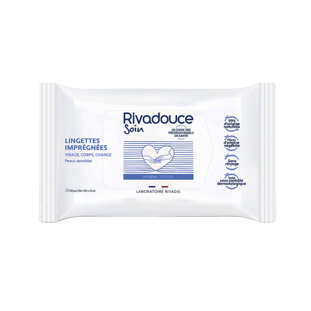 Rivadouce Soin Lingettes Imprégnées Visage Corps et Change Peaux Sensibles x50
