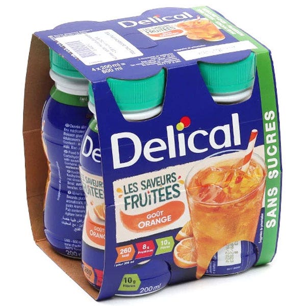 Delical Boisson Fruitée Edulcorée Orange Sans sucres 4x200ml