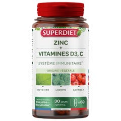 Superdiet Zinc + Vitamines D3 et C Système Immunitaire 60 gélules