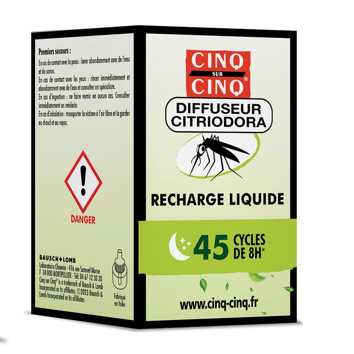 Cinq Sur Cinq Citriodora Recharge Liquide Diffuseur Anti-Moustiques 45 Cycles de 8h 24g