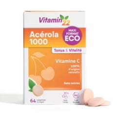 Vitamin22 Acérola 1000 Vitamine C naturelle 64 comprimés à croquer