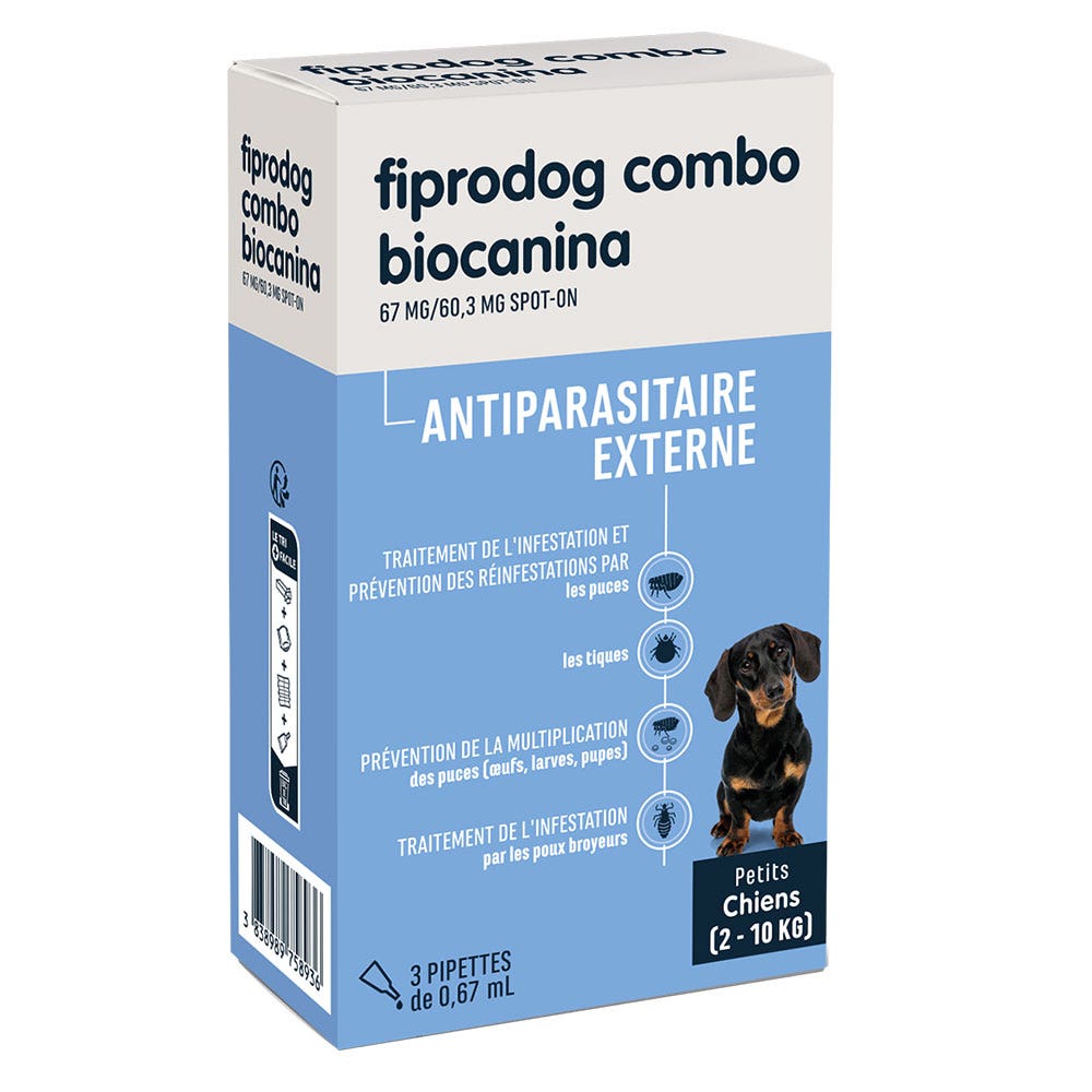 Biocanina Antiparasitaire externe Solution pour Spot-On Chiens Petits de 2kg a 10kg Fiprodog Combo 3 pipettes