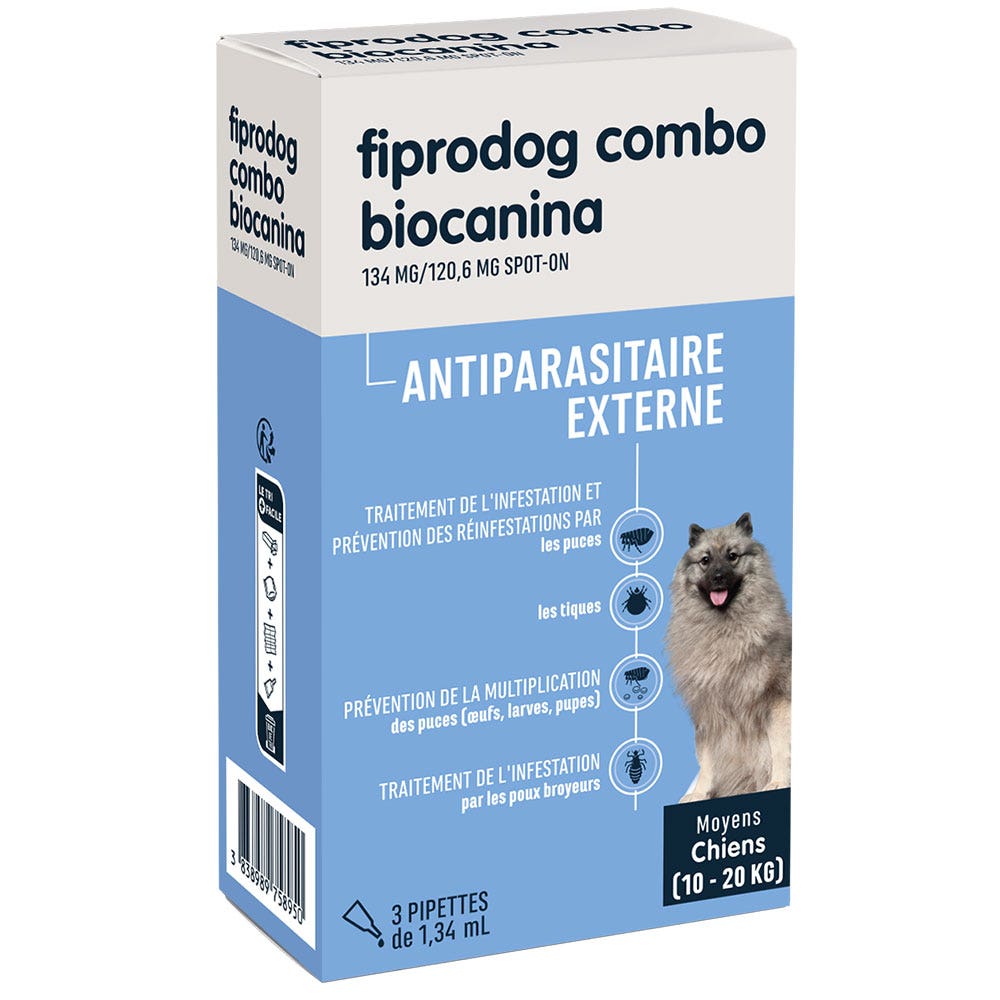 Biocanina Antiparasitaire externe Solution pour Spot-On Chiens Moyens de 10 kg a 20kg Fiprodog Combo 3 pipettes