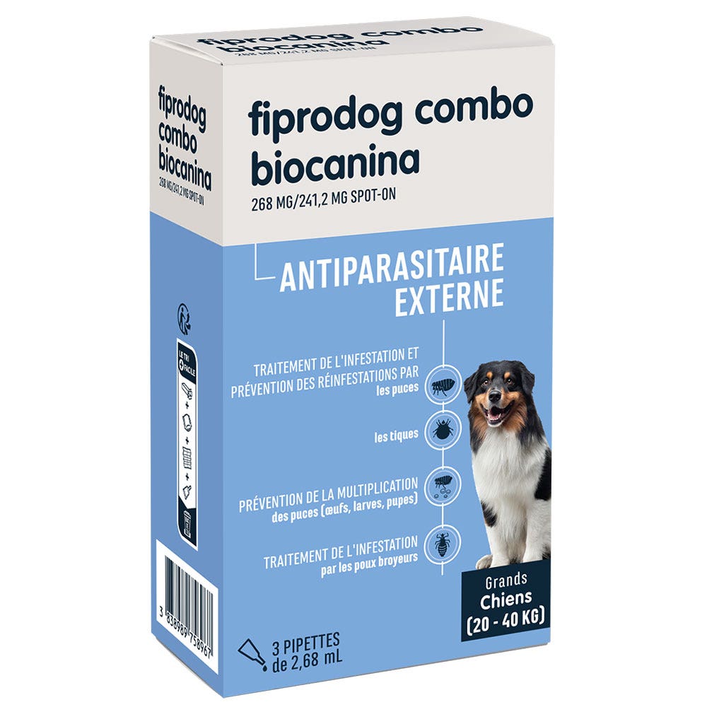 Biocanina Antiparasitaire externe Solution pour Spot-On Chiens Grands de 20kg a 40kg Fiprodog Combo 3 pipettes
