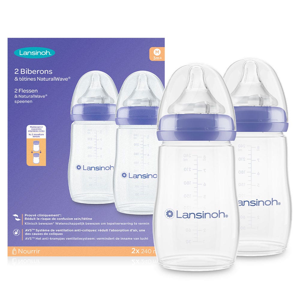 Lansinoh Natural Wave Biberon en Plastique Tétine Débit M Dès 3 Mois 2x240ml