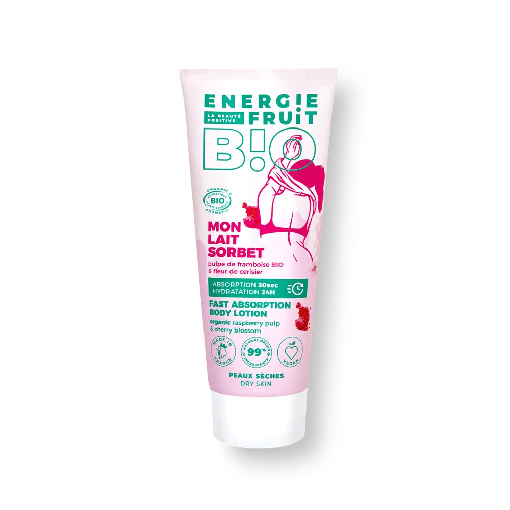 Energie Fruit Lait Sorbet Bio Pulple de Framboise Bio & Fleur de Cerisier Peaux Sèches 200ml