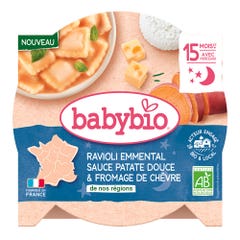 Babybio Ravioli Emmental Sauce Patate Douce et Fromage de Chèvre Bio Dès 15 Mois Avec Morceaux 190g