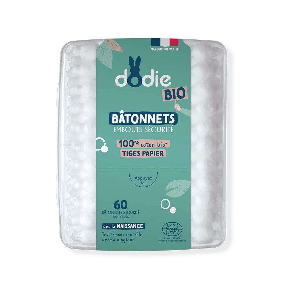 Dodie Bâtonnets Embouts Sécurité 100% Coton Bio Tiges Papier Dès La Naissance x60