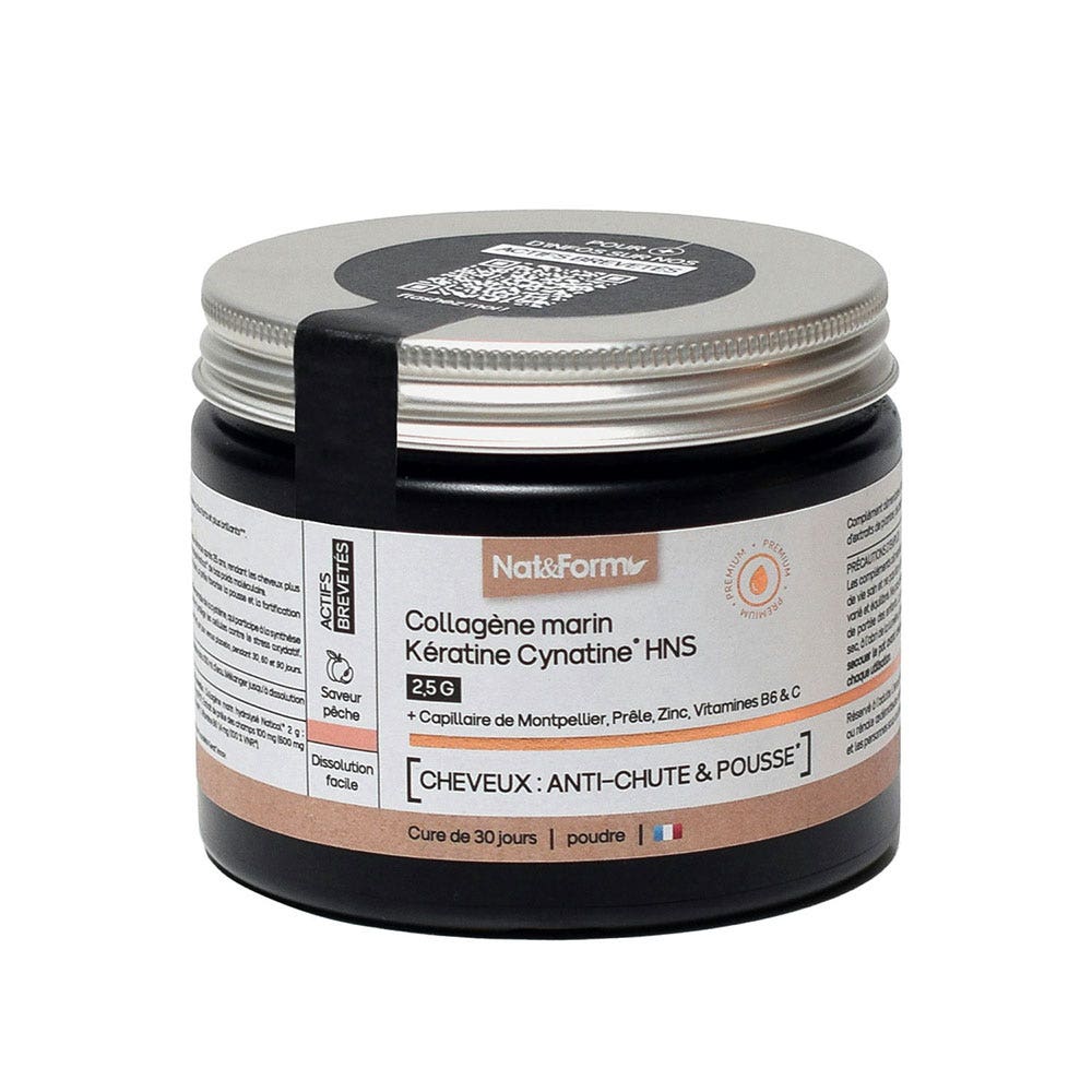 Nat&Form Collagène Marin Kératine Cynatine HNS 2.5g Cheveux Anti-Chute et Pousse Saveur Pêche 120g
