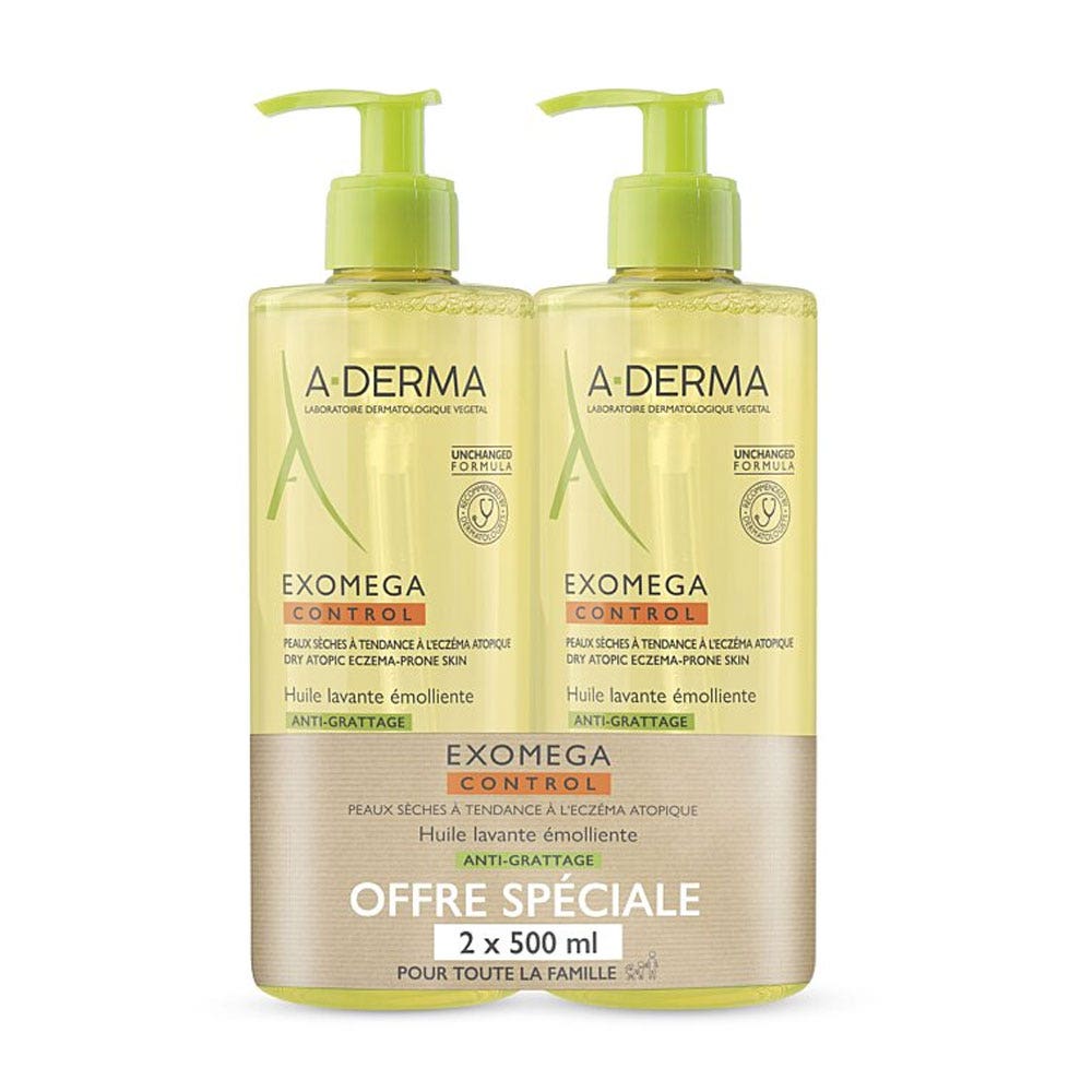 A-Derma Exomega Control Huile Lavante Emolliente Anti-Grattage 2x500ml