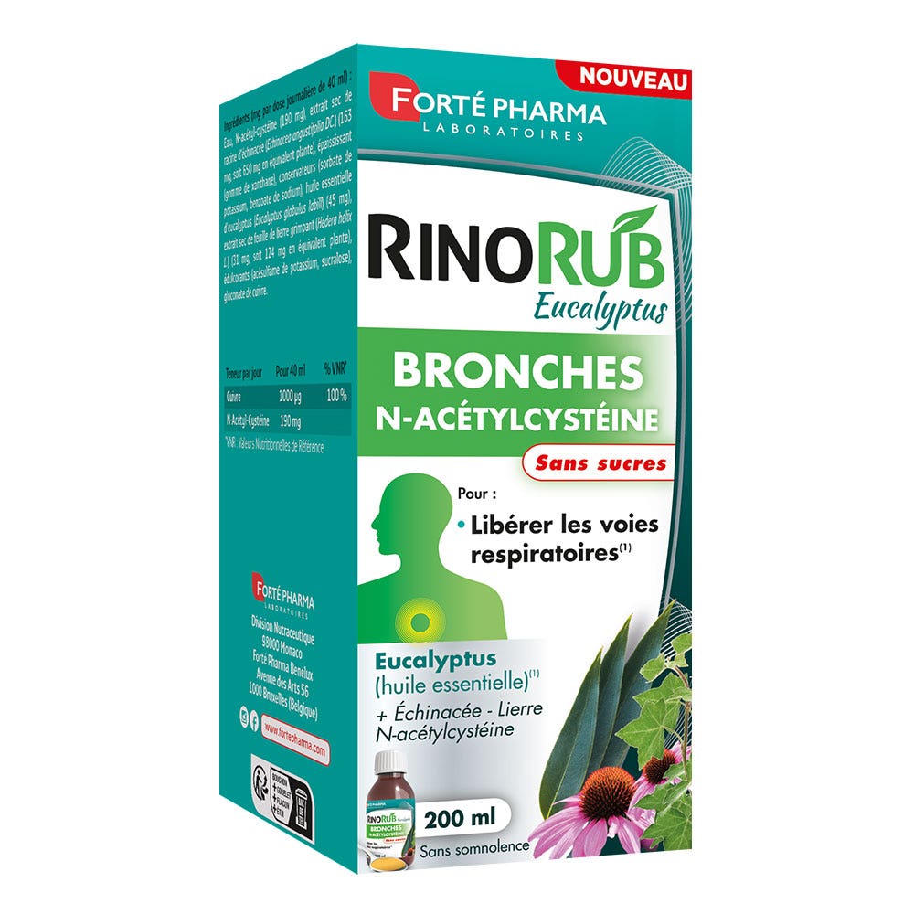 Forté Pharma RinoRub Eucalytpus Solution Buvable Bronches N-Acetyl-cytseine 200ml