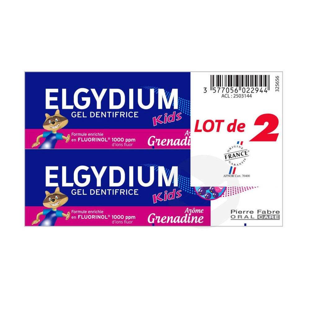 DENTIFRICE AU FLUORINOL KIDS GOUT GRENADINE 2X50ML 2 A 6 ANS ELGYDIUM